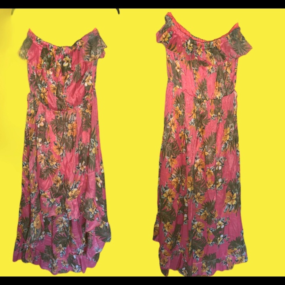 Strapless floral print high low dress